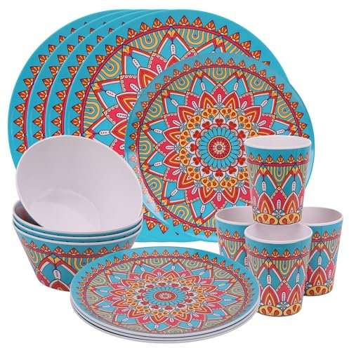 Event Decor Shop Set di stoviglie in melamina da 16 pezzi, piatti, ciotole, tazze e piatti da dessert in stile marocchino, servizio per 4 persone, riutilizzabile e durevole, ideale per interni