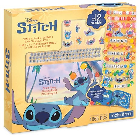 Make It Real: Disney Stitch - Craft Along Storybook & DIY Jewelry Kit - 1865pc Craft Set, Design & Create 12 ABC & Bead Bracelets, Tween-Girls-Kids 6+