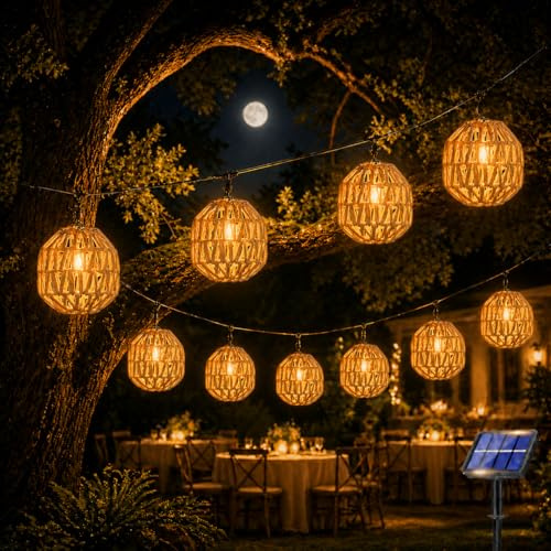 Shengruili 10er LED Solar Lichterkette Aussen,LED Solar Rattankugel Lampion,Wasserdicht Lichterkette Außen Solarlampen,Solarleuchten Balkon Garten Outdoor für Außen Garten Solarleuchten