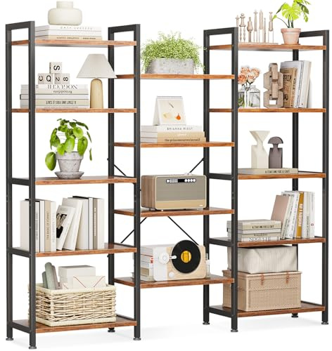Coleshome Triple Bookshelf, Large Bookcase with 14 Open Display Shelves, Industrial Book Shelves Book Case for Bedroom, Wide Standing Shelving Unit for Living Room Home Office (Vintage Brown, 5-tier)