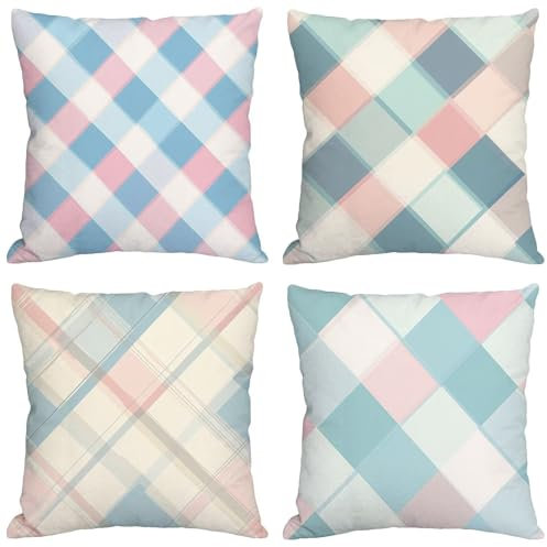 Kissen Bunt Kissenbezug 65x65 cm Groß Kissen 4er Set Wetterfest Samt Kissenhüllen Tartan Pillow Quadratische Cushion Covers für Garten Sofa Wohnzimmer Schlafzimmer Bett Büro Zuhause Dekor m-52