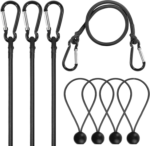 Bungee Cords with Hooks, 4 Pack 60cm Straps & 20cm Ball Bungees | Heavy duty bungee cords with carabiner, 35kg load capacity for Kayak, Paddle Board, Truck, Camping, Garage