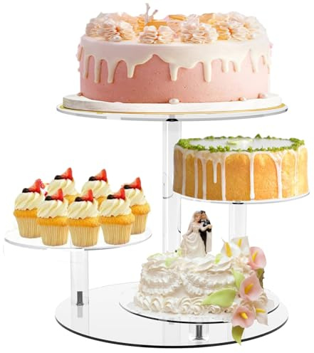 Rzmyencg Cupcake Stand, 4 Tier Clear Round Cake and Cupcake Stand Combo for 8-12 Inch Cakes, Tiered Cupcake Tree Tower,Dessert Display Stand for Wedding Birthday Party
