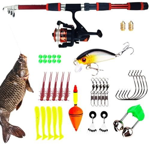 Eoixuqba Combo de caña de Pescar de 180 cm, caña de Pescar con Mosca y Carrete, Kit de caña de Pescar con línea, señuelos, Bolsa de Transporte, Combo de Carrete de caña giratoria para Agua Salada y