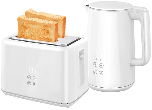HOMCOM Wasserkocher Toaster Set mit 2 Scheiben Toaster, Weiß | Edelstahl, AutomatischeAbschaltung, Warmhaltefunktion, 1,5L 2200W 40-100°C Wasserkocher, 7 Bräunungsstufen