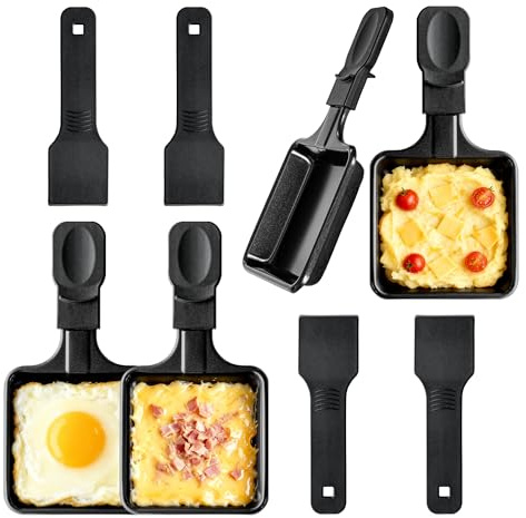 Kosmosta Lot de 4 Poêlons à Raclette Carrés avec 4 Spatules en Nylon, Plateaux en Fer Antiadhésifs, Accessoires de Remplacement pour Appareil à Raclette