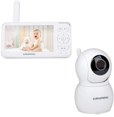 Grundig Kamera babyvakt - babyövervakningskamera med 5 tums skärm och mörkerseende - tvåvägskommunikation - temperatursensor - Pan Tilt Zoom - Vit