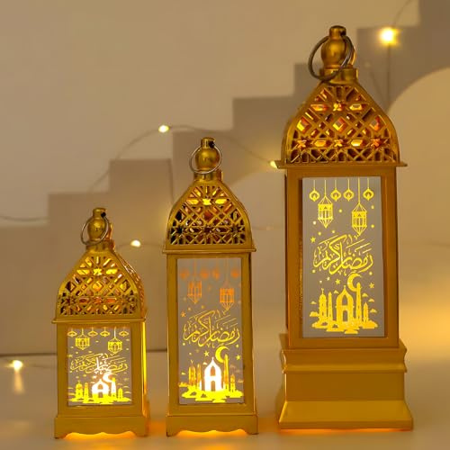 Ramadan Deko Laterne, 3 Stück Ramadan Dekoration Laterne, Eid Mubarak Dekoration Lampe mit Mond Stern Tischlampe Hängend Mubarak Licht für Ramadan Tischdeko Islam Deko Wohnzimmer (A)