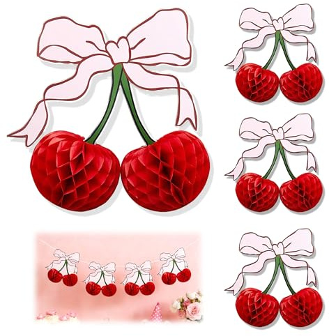 LONGHAO 4 Stück 3D Rote Papier Kirsch-Wabenball Deko | mit Rosa Schleifen, Retro Pin-up Party Deko für Geburtstag, Junggesellinnenabschied,Sommer-Picknick