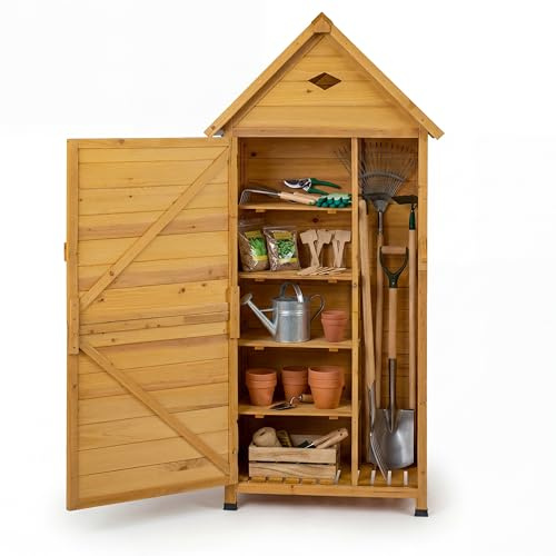 GYMAX Armoire de Jardin Exterieur en Bois Massif pour Rangement d'Outils, avec 4 Étagères Amovibles, Toit Pente, Porte Verrouillable, Abri de Jardin 81 x 46 x 174 cm