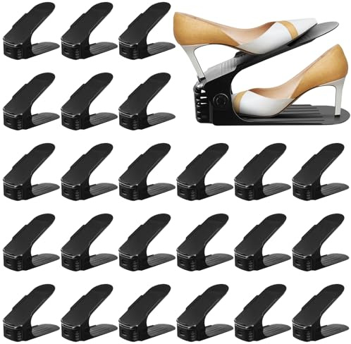 JOYBOY Portascarpe,Set di 24 Organizer Scarpe Salvaspazio,Scarpiera Regolabile,Porta Scarpe in Plastica Durevole,Slot Scarpea Doppio Strato,Scarpiera con Quattro Altezze in Altezza(Nero)