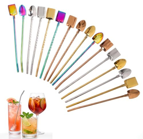 18 pajitas con cuchara, pajitas de acero inoxidable, pajitas de metal, pajitas de acero inoxidable, juego con 2 cepillos de limpieza, para granizados, café helado, cócteles