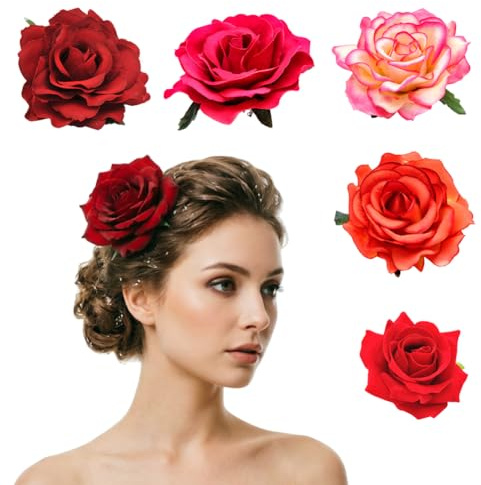 DRESHOW 5 Piezas Flor Broche Adorno de Cabeza Novia Mujer Flor de Rose Accesorios para el Cabello Pinza de Pelo de Boda Bailarina de Flamenco