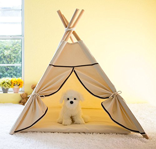 Lily&her friends - Haustier Tipi,Baumwoll-Leinen-Zelt für Hunde und Katzen,waschbares,Wigwam,tragbare Hundezelte,Haustierhäuser von indischem Design mit dickem Kissen (beige, mit schwarzem Rand, groß)