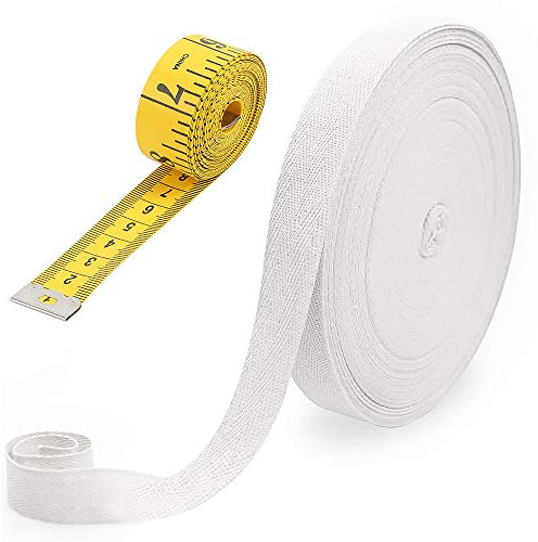 FOGAWA 25 mm x 50 m Baumwollband Schrägband Textilband Baumwolle Nahtband Wimpelband Baumwollschrägband mit Fischgrätenstich Einfassband + Zoll-Maßband für Wimpelkette Nähen Schürze Craft Beige