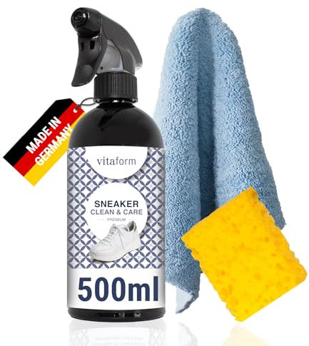 VITAFORM® Sneaker Cleaner Reinigungsspray für Schuhe | Perfekte Reinigung und Pflege für Obermaterial, Schürsenkel und Sohlen | Nachhaltiges Pflegeprodukt | inkl. Microfasertuch & Schwamm | 500ml