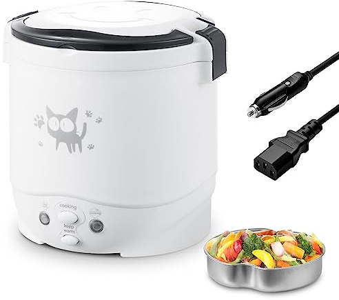 OSBA Mini olla arrocera, 1 litro, pequeña arrocera, 2 tazas, máquina de arroz de viaje cruda, 12 V para coche con vaporizador, mantiene el calor automático, adecuada para 1-2 personas, color blanco