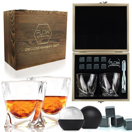FLOW Barware Juego de 2 Vasos de Whisky Twist y Juego de Regalo de Piedras para Whisky | Vasos de Whisky para Whisky escocés, Bourbon | Juegos de Regalo de Whisky para Hombres