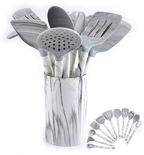CPWD Kochen Sie mit Marmor weißen Silikon Kochutensilien, 11-teiliges Küchenutensilien-Set, leicht zu reinigende Silikon-Küchenutensilien, Kochutensilien für Antihaft-Kochgeschirr, Küchenhelfer-Set
