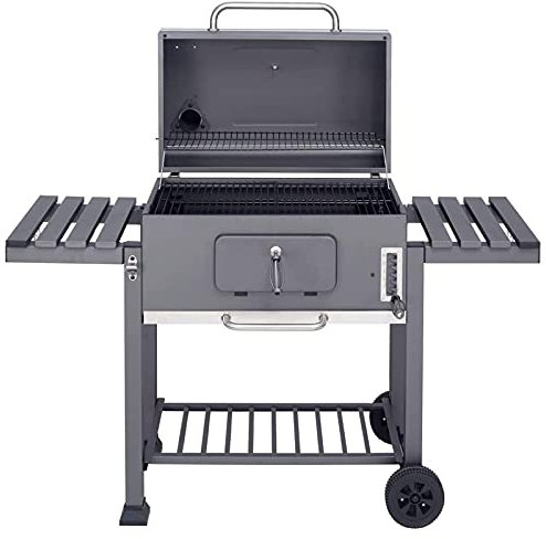 YAOBAO Holzkohlegrill Holzkohle Grillwagen Mit Kaminabzug Grill Grillwagen Holzkohlegrill Mit Deckel BBQ Barbeque Smoker Mit Temperaturanzeige Seitentisch 2 Räder Für Camping, Terrasse, Garten,Grau