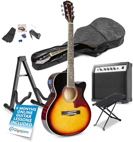 Sunburst Beginner Electric Acoustic Guitar Kit – Starter Acoustic Guitar Set with Footrest & Stand – 6 Months Online Lessons – Ideal for Beginner Acoustic Guitars