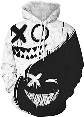 OLIPHEE Mens Hoodies Full 3D Printed Graphic Sweatshirt Athletic Breathable Fashion Pullover with Pockets Black White X, XXL/3XL