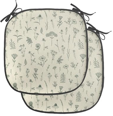 Lunarable Lavender Chair Seating Cushion Set of 4, Hand Drawn Sketchy Calendula Clover Chamomiles Valerian Natural, Anti-Slip Seat Padding for Kitchen & Patio, 16x16, Eggshell Hunter Green