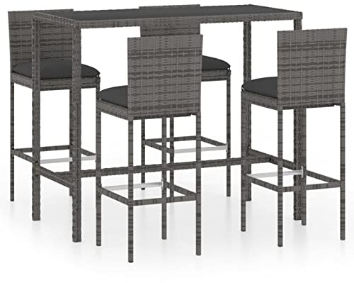 Susany Gartenbar Set 5-TLG.mit Kissen Theke Bar Tresen Gartentheke Bartisch Stehtisch Barhocker Barstuhl Gartenset Sitzgruppe Gartenmöbel Poly Rattan Grau