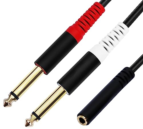JOMLEY 3.5mm TRS Female to Dual 1/4 Mono Y Splitter Cable, 1FT | Gold-Plated Dual 1/4 TS Mono to 3.5mm Mini Jack Female Braided Nylon Cable Adapter for Speaker, Mixer, Amp