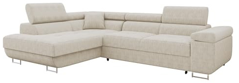 Mirjan24 Ecksofa Torezio Cord, Kopfstützen verstellbar (Poso 100, L) | Komfortable Eckcouch mit Schlaffunktion, Bettkasten, weichem Cordbezug und offener Ottomane