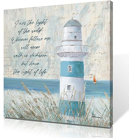 Nautical Lighthouse Bible Verses Wall Decor - Aqua Canvas Print Pictures Beach Themed Bathroom Decorations - Christian Scripture Wall Art with Inspirational Quotes Framed Ready to Hang 60x60cmx1 Panel