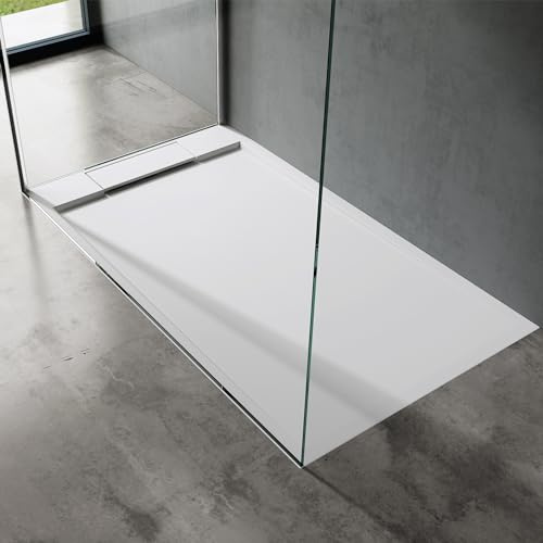 doporro Duschtasse Duschwanne 80x140x4 Mineralguss Weiß Ablaufgarnitur | Flache Duschwanne für bodenebene Montage mit DIN-Anschlüssen – stabil & pflegeleicht für moderne Duschen Geoma04