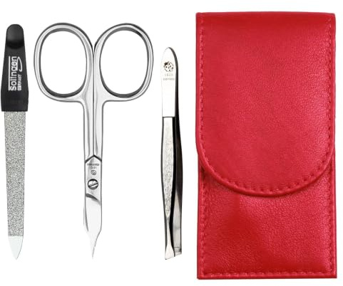 Sonnenschein by Hans Kniebes Maniküre Set 3-teilig Rot – Nagelpflege Set Edelstahl rostfrei – Nagelschere, Feile & Pinzette – Echtes Nappa Lammleder Etui – Reise Manikürset kompakt