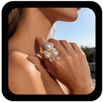 Inilbran Boho Crystal Pearl Finger Ring Vintage Pearls Wrap Open Ring Silver CZ Pearl Open Knuckle Ring Pearls Adjustable Stacking Ring Jewelry for Women and Girls