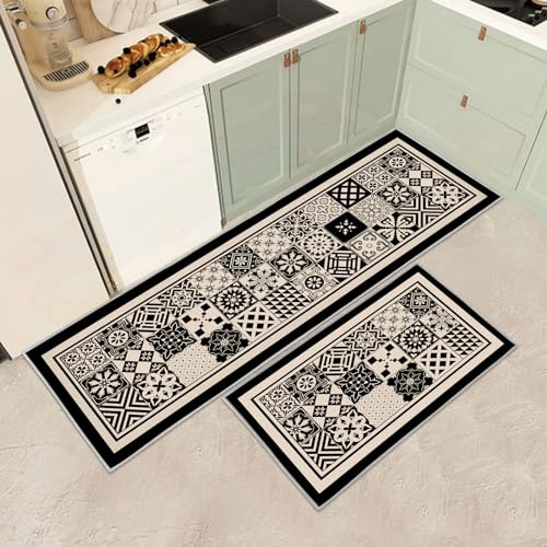 Küchenteppiche 2 Stück,Vintage rutschfest Waschbar Dauerhaft Küchenläufer Flurläufer, Anti-Müdigkeit Küchenteppich Teppich Läufer für Küche,Carpet für Badezimmer/Wohnzimmer Flur (J, 43x75+43x150cm)