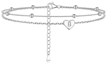 PROSILVER Buchstabe B Fußkette mit Herz Charms für Damen Mädchen 925 Silber 22+5cm doppellagige Initiale Knöchel Armband Sommer Strand Fußkettchen Accessoire für Geburtstag