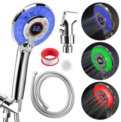Framendino, LED Shower Head Color Changing with 3 Spray Modes Water Saving Temperature Display