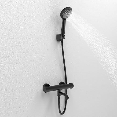 Huithroom - Miscelatore termostatico per doccia, miscelatore a parete con controllo della temperatura e doccetta, miscelatore moderno nero opaco con fondo G 1/2, anti scottatura