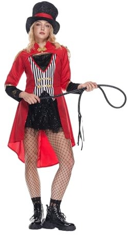 EraSpooky Disfraz de Directora de Circo para Mujer – Elegante Traje con Frac Rojo, Sombrero y Accesorios