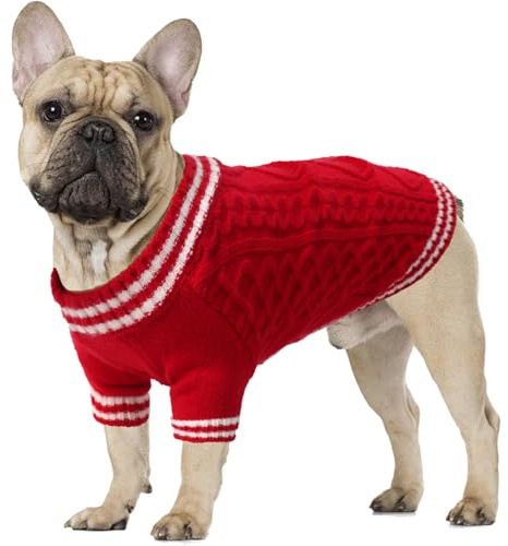 LiebeDD Pull Grand Col en V Tricot Noel, Pull-Overs pour Chiens, Vetement Chaud, Sweat en Polaire Doux, Pyjama, Manteau Bouledogue Francais, Rouge L