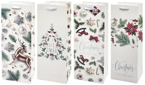 Bseical 12 Stück Flaschentüten Weihnachten, Geschenktüten Flaschen mit Griffen, 36 x 12cm Wein Geschenktüte, Papier Weintüten Weihnachten für Wein Whisky Champagner Weihnachtsfeier (D)
