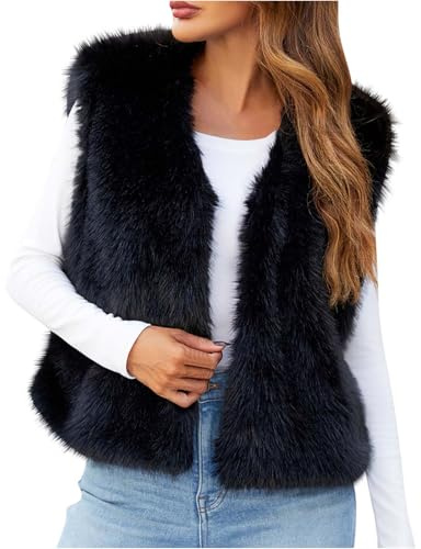 Yolimok Kunstpelzweste für Damen,Kurz Kunstpelze Ärmellose Fellweste mit V-Ausschnitt Elegant Einfarbig Vest Jacke Dicke Kunstfell - Felljacke Übergangsjacken Winterjacke Pelz Jacken Weste