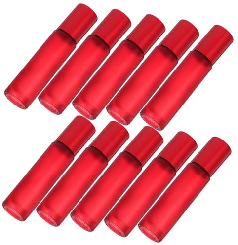 BELLIFFY 10pcs Red Glass Roller Bottle Stainless Steel Roller Ball Essential Oil Dispenser Eye Serum Bottle Refillable for Oils Travel Use