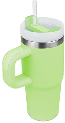 Tazza con manico e cannuccia, tazza per bambini con coperchio e cannuccia, in acciaio inox 304, per bambini, scuola, sport, attività all'aperto, 400 ml, verde