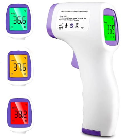 Thermomètre Infrarouge Sans Contact - Mesure Frontale Instantanée (1s) avec Écran LCD Rétroéclairé - Alarme Fièvre + Mémoire 50 Mesures pour Bébés/Adultes/Cuisine
