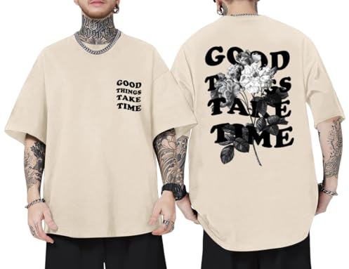Wedsadl Vintage Graphic Tees for Men Oversized Floral Letter Print Retro Streetwear T Shirts Casual Loose Fit Cotton Tops(Apricot,XL)
