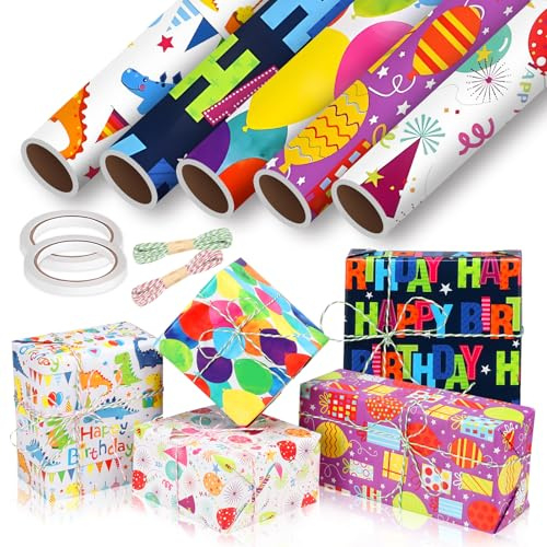 HOMIKLSA 5 Rotoli Carta Regalo Compleanno Bambini (43cm x 300cm) con Corda Naturale & Nastro Biadesivo, Confezionamento Regali per Feste di Compleanno Infantili