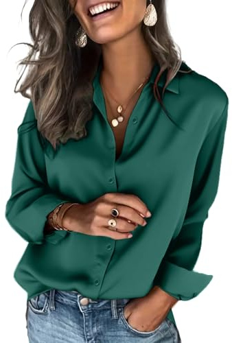 Zeagoo Camicetta in Raso da Donna Elegante di Seta Camicia a Maniche Lunghe con Scollo a V Bluse con Bottoni a Colore Solido Classico Tops Verde Scuro XXL