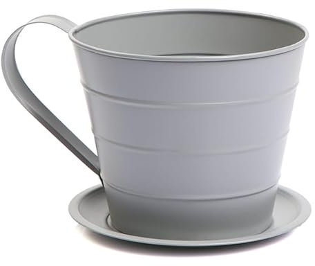 FAHAAM Decorative Metal Teacup Planter with Saucer, Flower Pots for Plants, Cup & Saucer Planter, Indoor Plant Pot, Flowering Bulb Planting Seagrass, Indoor Outdoor Garden Planters for House. (Grey)