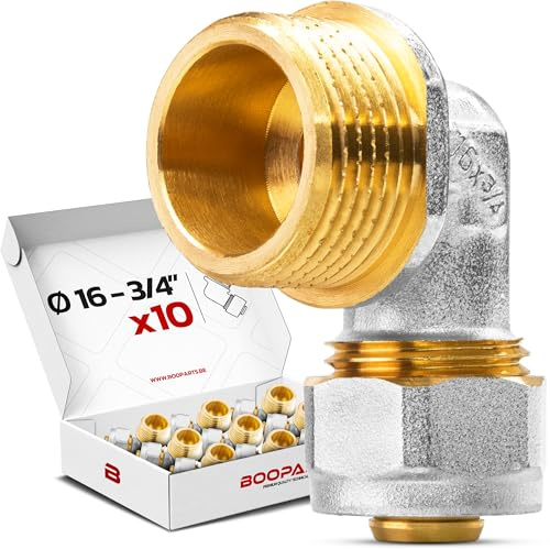 BOOPARTS – 10 st – Skruvkoppling vinkel 90° med utvändig gänga Ø16 mm – 3/4 | Multilager vinkelkoppling | Professionellt VVS-set i mässing
